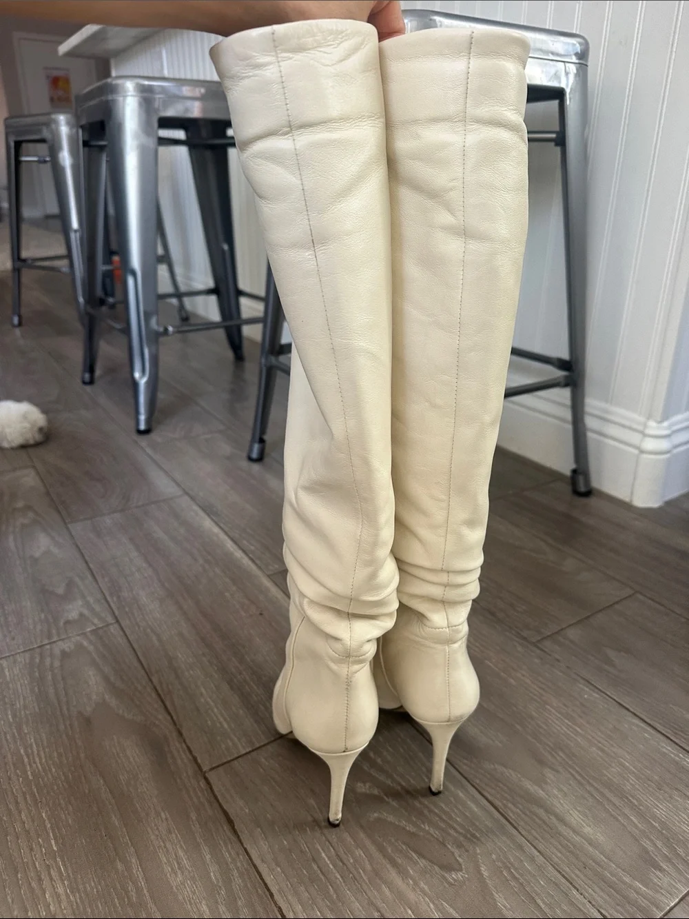 Women’s Cream Knee-High Pointed Toe Boots